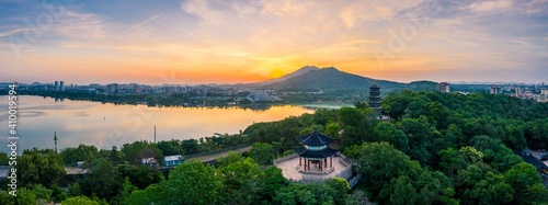 Sunrise over Xuanwu lake in Nanjing city in summer