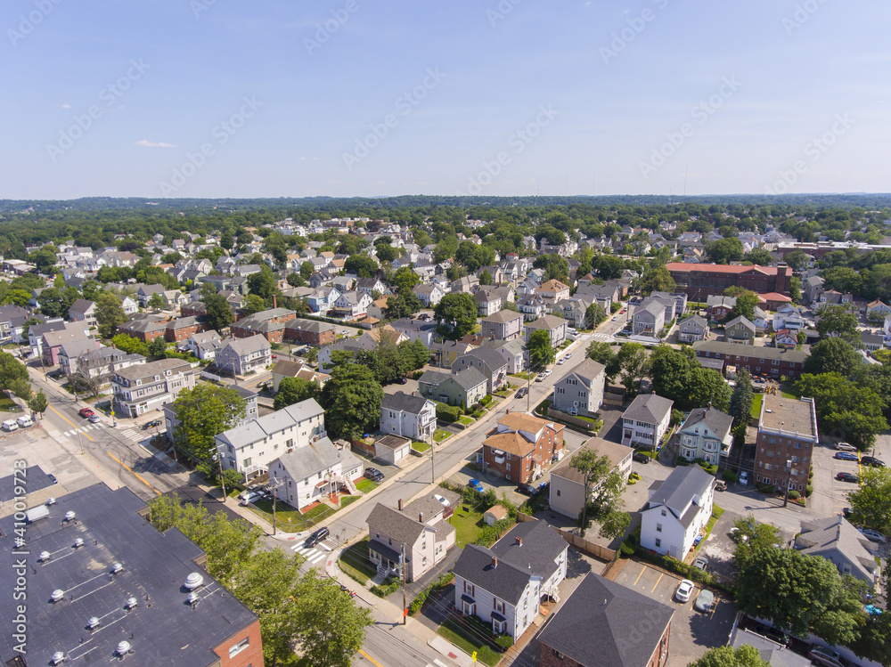 Waltham Moody Street aerial view in city of Waltham, Massachusetts MA, USA. Moody Street is the commercial center of Waltham. 