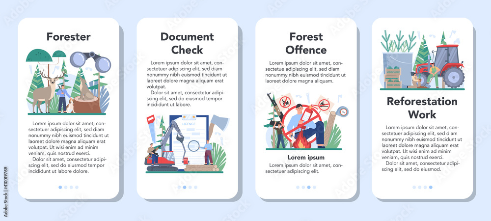 Forester mobile application banner set. Wood protection and rehabilitation. Forester mobile application banner set. Wood protection and rehabilitation.