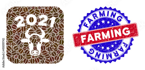 Vector mosaic 2021 bull and grunge bicolor Farming seal. Mosaic 2021 bull constructed as stencil from rounded square with coffee grain.