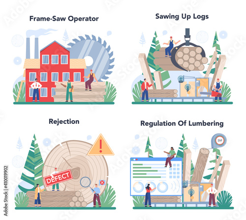 Wood industry concept set. Frame saw operator as a forestry production