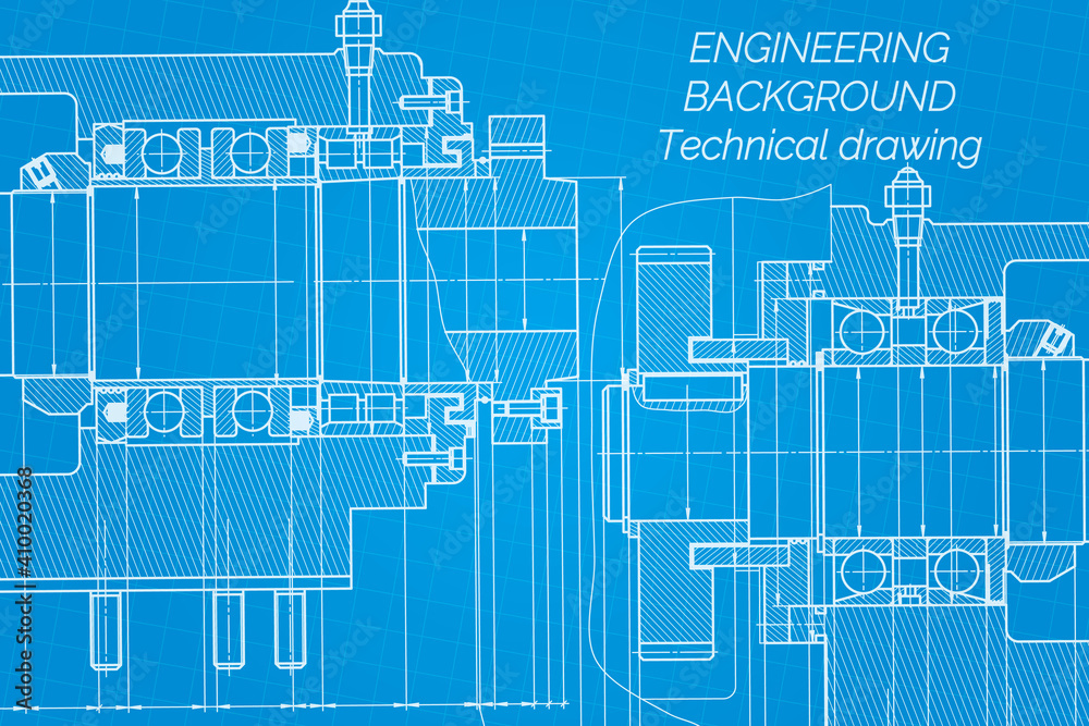 Mechanical engineering drawings on blue background. Milling machine spindle. Technical Design. Cover. Blueprint.