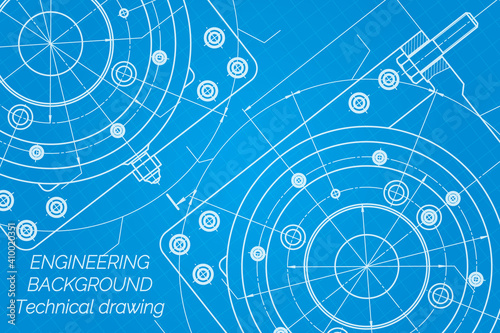 Mechanical engineering drawings on blue background. Milling machine spindle. Technical Design. Cover. Blueprint.