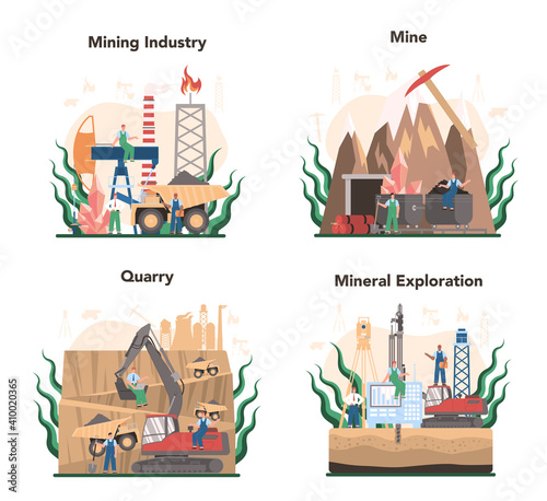 Mining concept set. Mineral and natural resources extraction. Worker in uniform