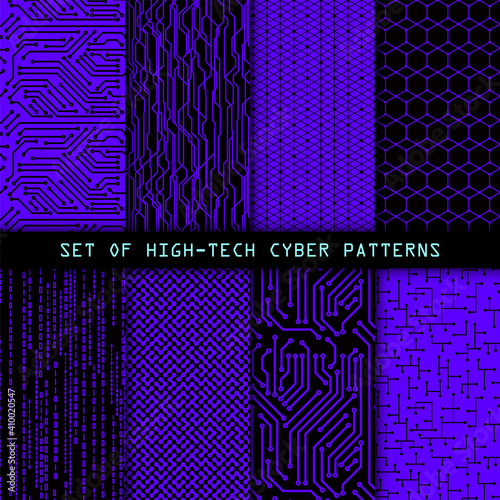 Set of seamless cyber patterns. Circuit board texture. Digital high tech style vector backgrounds.