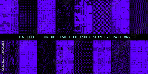 Set of seamless cyber patterns. Circuit board texture. Digital high tech style vector backgrounds.