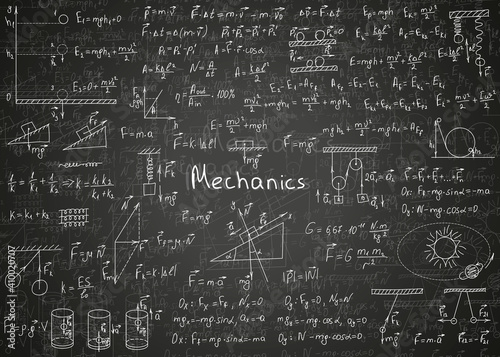 Physics formulas drawn by hand on a black unclean chalkboard for the background. Vector illustration.