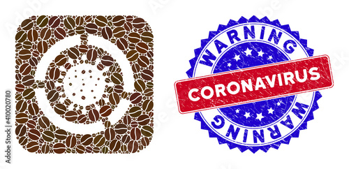 Vector mosaic covid diagram and grunge bicolor Warning Coronavirus seal stamp. Mosaic covid diagram designed as stencil from rounded square with cocoa grain.
