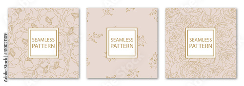 3 Different flower vector seamless patterns. Romantic chic floral textures can be used for printing onto fabric and paper or scrap booking. Pink, white and gold colors. For baby, girl and woman.