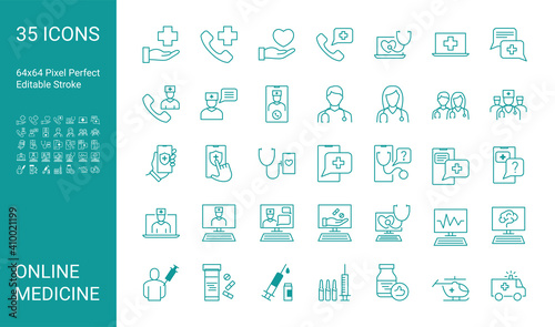 Set of line icons of online medical consultation. Online doctor, online medicine. Editable vector stroke. 64x64 Pixel Perfect.