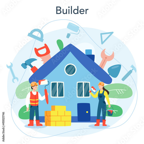 House building concept. Workers constructing home with tools