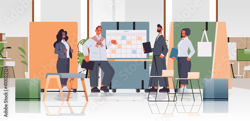 mix race businesspeople discussing and working during corporate meeting in coworking center teamwork concept modern office interior horizontal full length vector illustration
