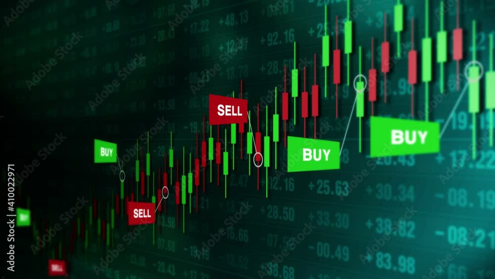 Buy and sell signals for forex trade on candle stick graph. Stock market. Finance. Business success and growth concept. Loop animation.