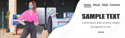 businesswoman in mask holding laptop coronavirus quarantine self isolation concept modern office interior horizontal portrait copy space vector illustration