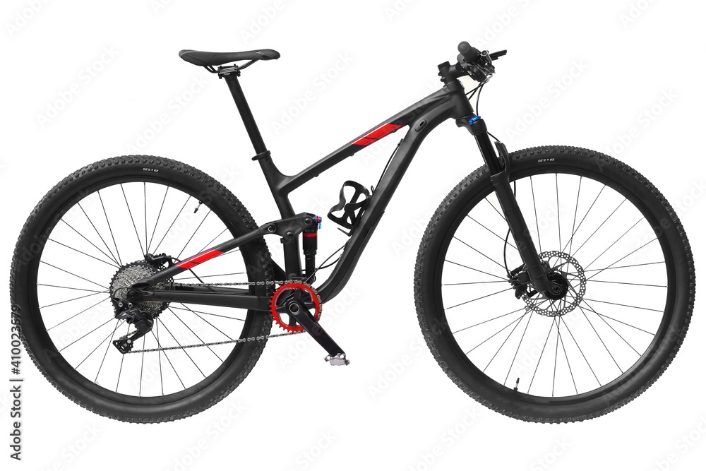 A mountain bike with front and rear suspensions isolated on white background