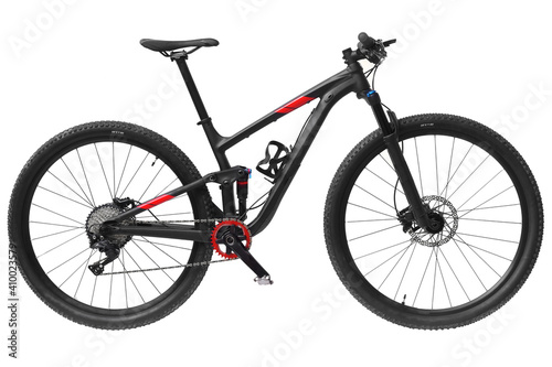 A mountain bike with front and rear suspensions isolated on white background photo