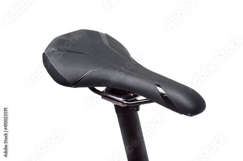 A cycling saddle and seatpost isolated on white background photo