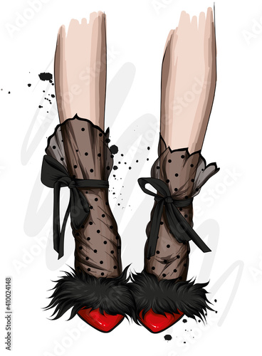 Female legs in stylish shoes with heels and lace socks. Fashion and style, clothing and accessories. Footwear. Vector illustration for a postcard or a poster, print for clothes. Vintage and retro.