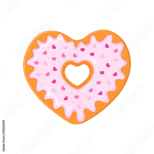 Heart shaped donut decorated with pink glaze and little heart shaped sprinkles. Doughnut for Valentines day isolated on white background. Vector cartoon illustration.