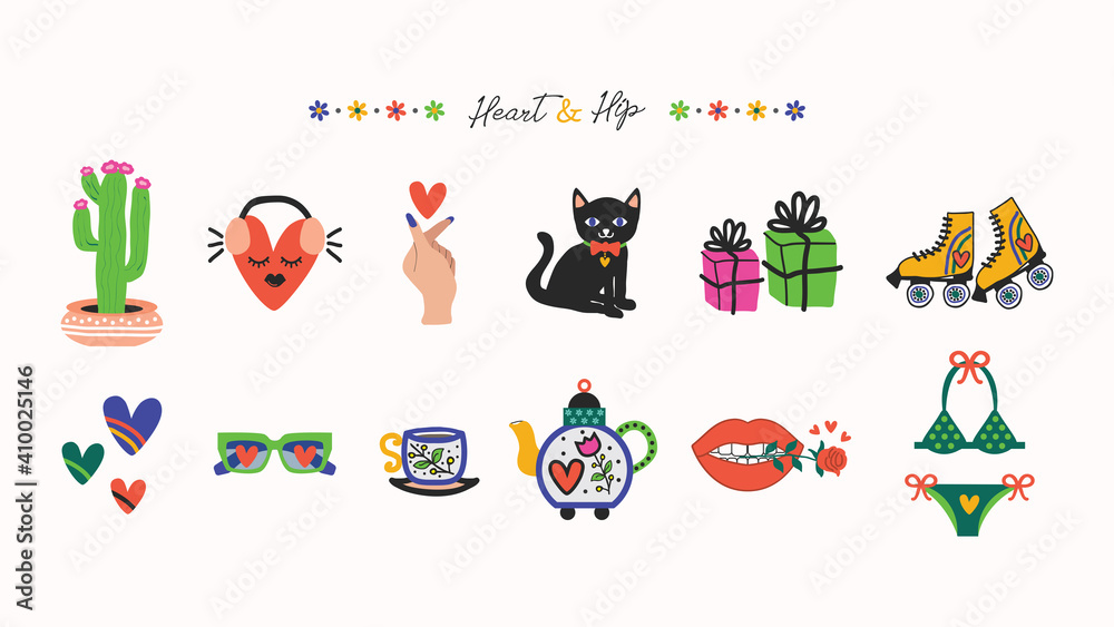 Cute cool colorful hand drawn heart and hip icons set design elements on white background Cute cool colorful hand drawn heart and hip icons set design elements on white background