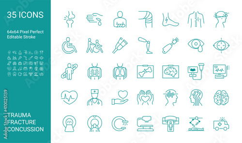 Set of icons of trauma, fracture, concussion. Editable vector stroke. 64x64 Pixel Perfect.