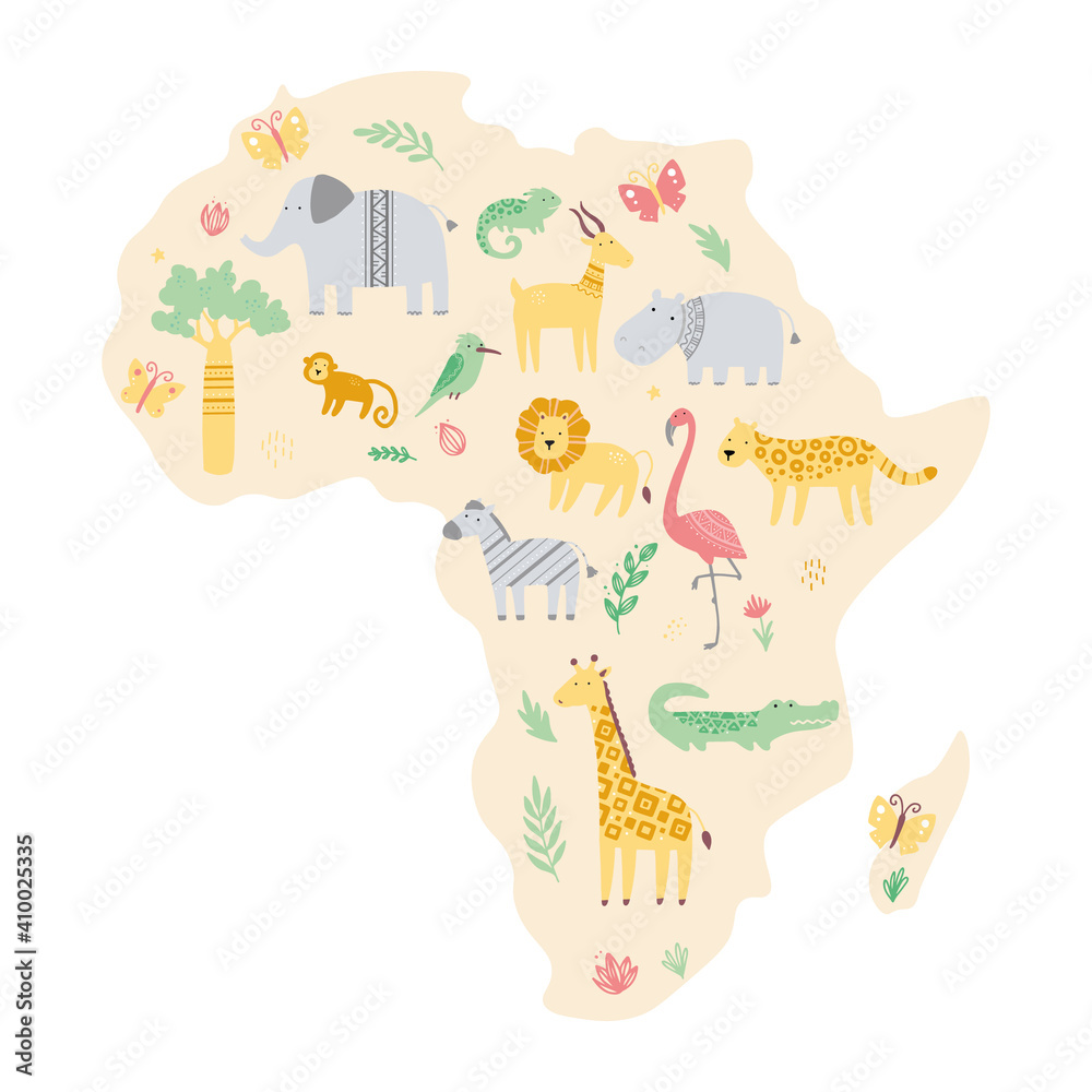 Africa map with cute african zoo animals giraffe, zebra, lion, bird, elephant, snake, lizard, cheetah, crocodile. Flat and simple design style for baby, children illustration.