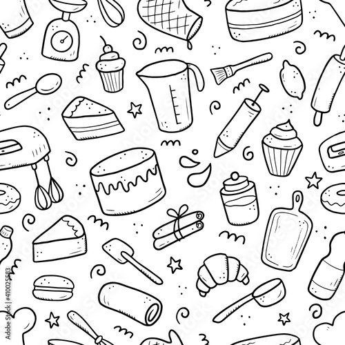 Hand drawn seamless pattern of baking and cooking tools, mixer, cake, spoon, cupcake, scale. Doodle sketch style. Illustration for textile, background, wallpaper design.