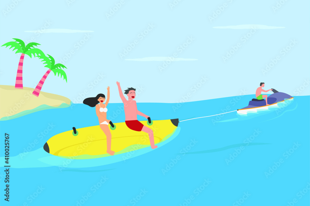 Summer holiday vector concept: Young couple having fun on banana boat while enjoying leisure time together
