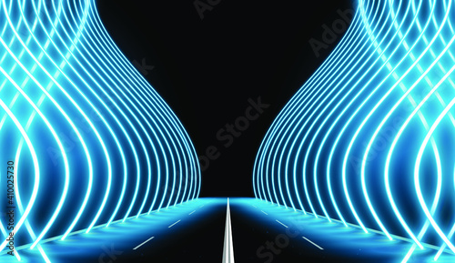 Abstract glowing blue neon lights line floor background. VIP neon lights entrance way background or festival concept. Neon shaped lighting. Abstract futuristic background.Vector illustration.