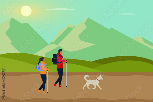 Hiking vector concept: Young couple hiking together in the mountain while carrying backpack and dog 