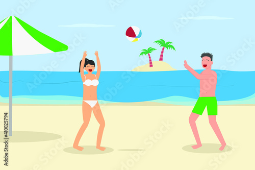 Summer holiday vector concept: Young couple playing volley ball in the beach while enjoying leisure time together
