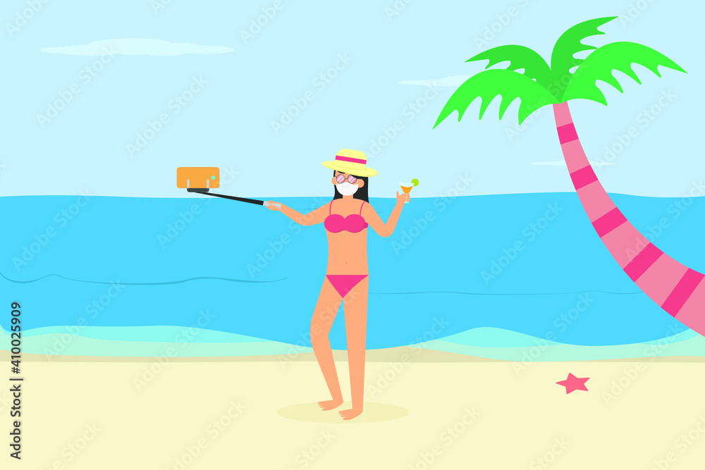 Summer holiday vector concept: Young woman taking selfie photo with smart phone while enjoying holiday in the beach