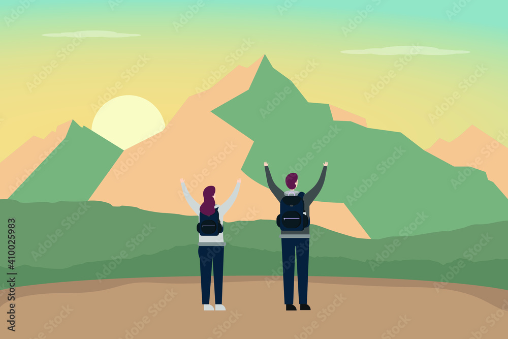 Hiking vector concept: Young couple arrives on the peak of the mountain while raising hands togetherr