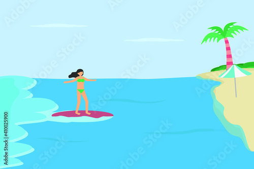 Summer holiday vector concept: Young woman surfing in the beach while enjoying summer holiday