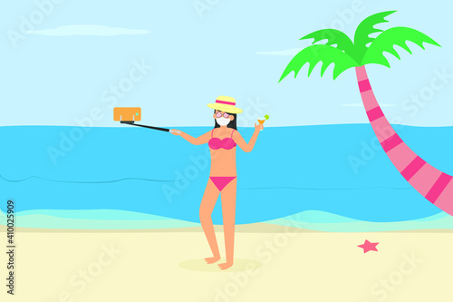 Summer holiday vector concept: Young woman taking selfie photo with smart phone while enjoying holiday in the beach