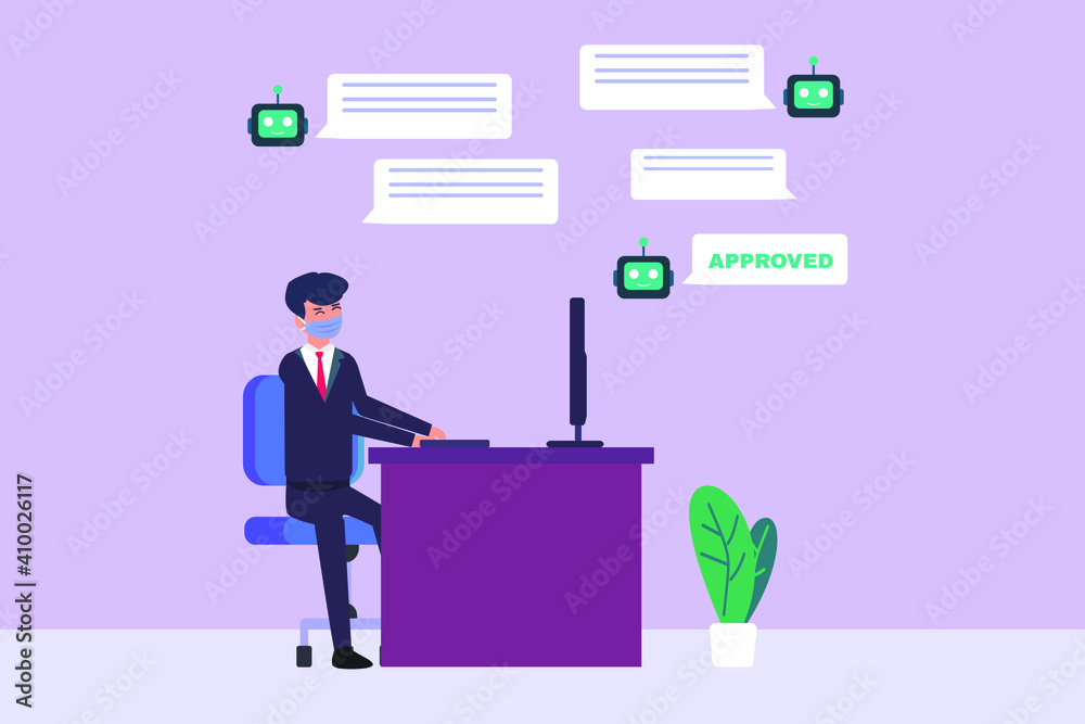 Businessman chatting with chatbot application while wearing face mask. Chatbot vector concept Businessman chatting with chatbot application while wearing face mask. Chatbot vector concept