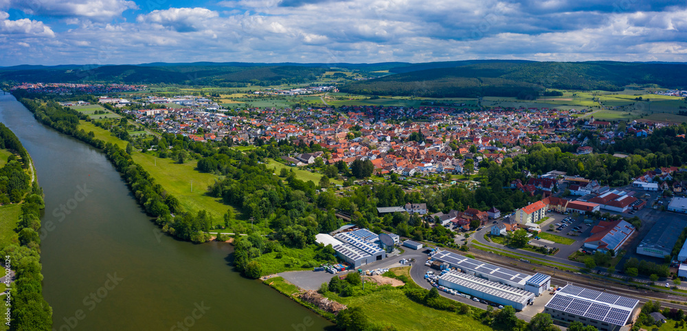 Aeriel view of the city Großheubach in Germany on a cloudy day in spring	