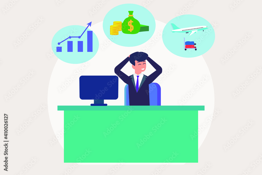 Businessman cartoon character thinking and daydreaming about profit, savings, and traveling Businessman cartoon character thinking and daydreaming about profit, savings, and traveling