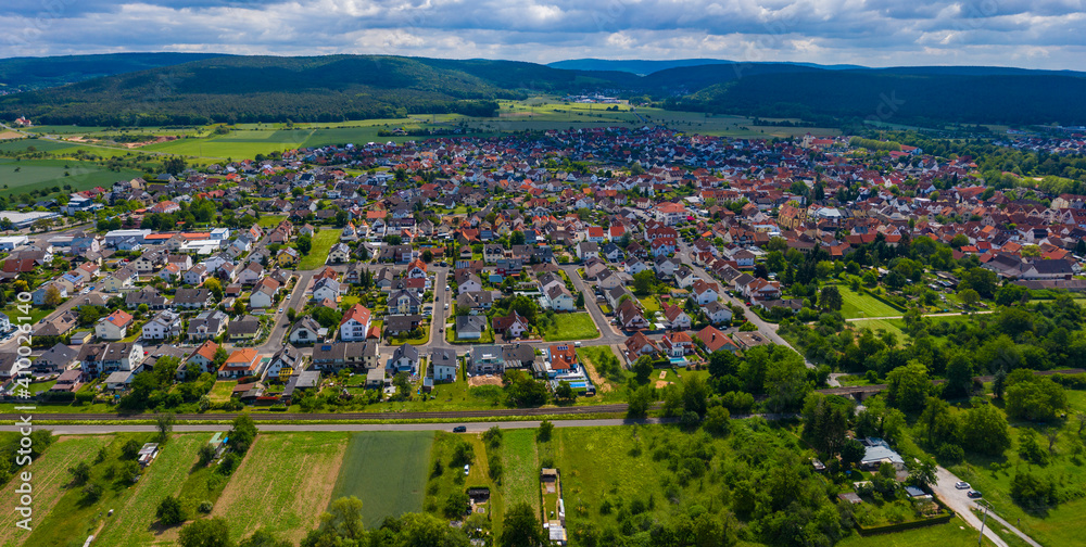 Aerial view of the city Großwallstadt in Germany on sunny day in spring.	
