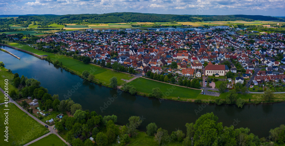 Aeriel view of the city Elsenfeld in Germany on sunny day in spring.	