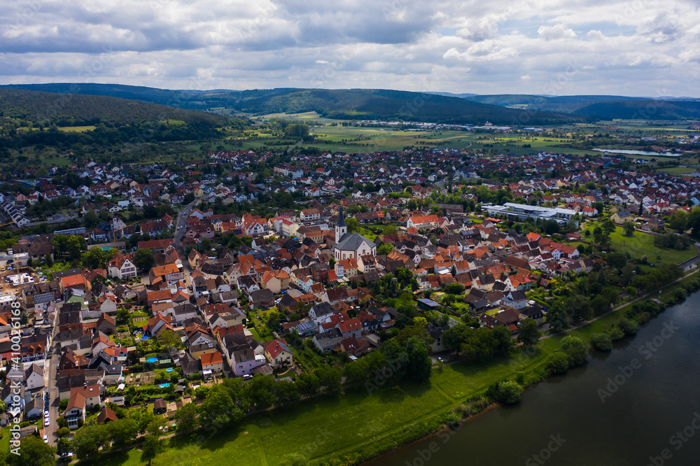 Aerial view of the city Großwallstadt in Germany on sunny day in spring.	