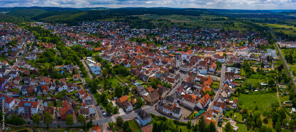 Aerial view of the city Kleinwallstadt in Germany on sunny day in spring.	