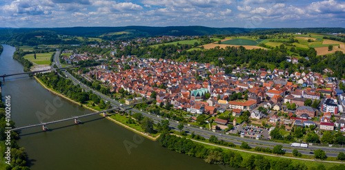 Aerial view of the city Obernburg in Germany on a cloudy day in spring. 