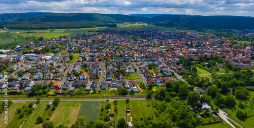 Aerial view of the city Großwallstadt in Germany on sunny day in spring. 