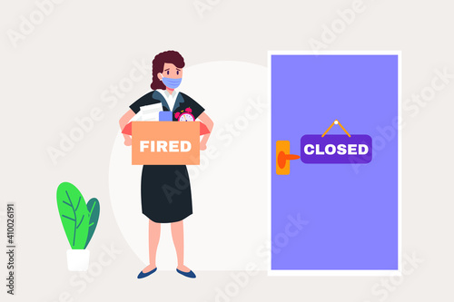 Businesswoman in face mask getting fired and holding cardboard while looking at the closed office door