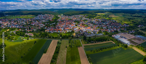 Aeriel view of the city Sulzbach am Main in Germany on a cloudy day in spring.	 photo