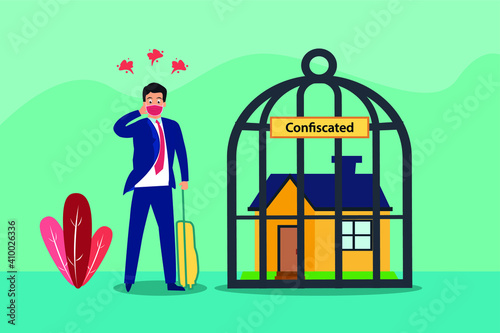 Confused businessman cartoon character with confiscated house inside the birdcage