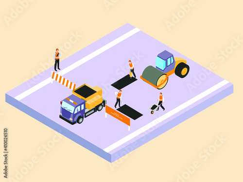 Isometric 3D design of road construction workers and road construction machinery repairing broken road