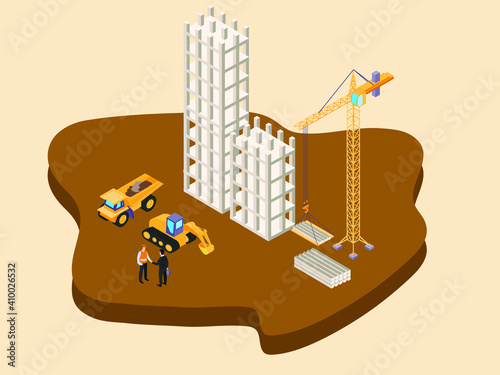 Isometric vector concept. Investors and contractors handshaking on construction site with crane, under construction building, excavator, and truck.