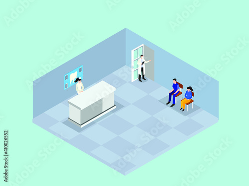 Patient queuing in the dental clinic while sitting in the waiting room. Isometric vector concept